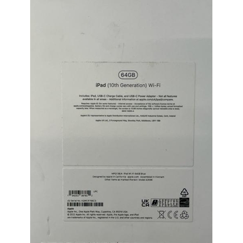 8536 - APPLE IPAD 10TH GEN / 10.9 INCH / WIFI / 64GB / BLUE /MPQ13B/A / POWERS UP / ICLOUD UNLOCKED / APPEA... 