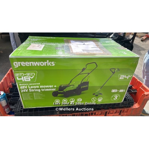 8437 - Greenworks 48V 36cm Cordless Brushless Lawnmower & 25cm Line Trimmer / RRP 379.99 / APPEARS NEW OPEN... 