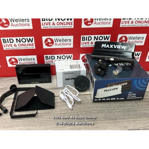 8490 - MIXED LOT INCL. MAXVIEW 2X2 MIMO SLIM WIFI ANTENNA, SAMYANG LENS STATION & FEELWORLD F5 PROX 5.5 INC... 