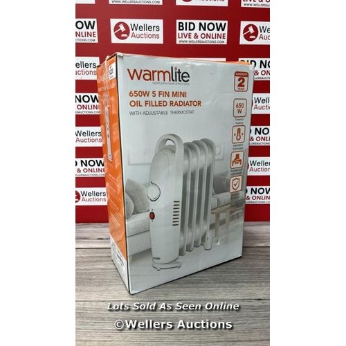 6220 - WARMLITE WL43002YW 650 WATTS 5 FIN OIL FILLED RADIATOR WITH ADJUSTABLE THERMOSTAT AND OVERHEAT PROTE... 