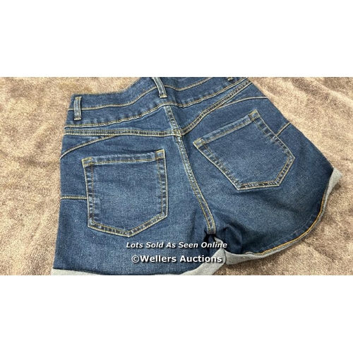 8054 - DENIM LIFT SHAPE HOT PANTS SIZE 10 WITH PRE-OWNED HIGH WEDGE SHOES BY ESSEX SIZE 4 / T19