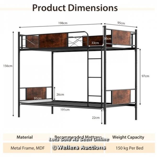 9001 - RRP: £160 - CONVERTIBLE METAL BUNK BED FRAME WITH LADDER AND SAFETY GUARDRAIL