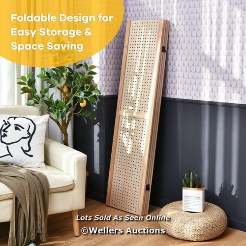 9016 - 4 PANEL FOLDING WOODEN ROOM DIVIDER WITH PEGBOARD DISPLAY