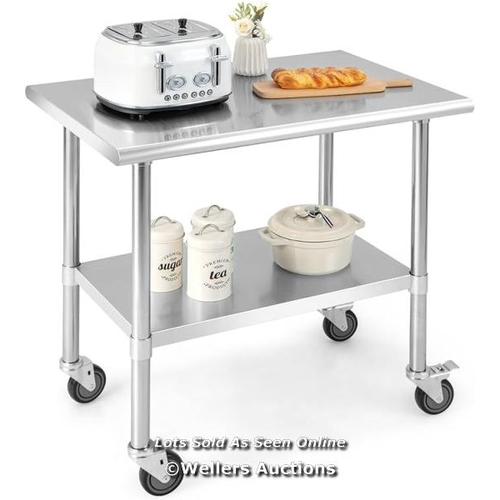 9036 - KITCHEN WORK TABLE 61 X 92 CM, 2-TIER STAINLESS STEEL 2 LOCKABLE WHEELS, ADJUSTABLE BOTTOM SHELF, LO... 