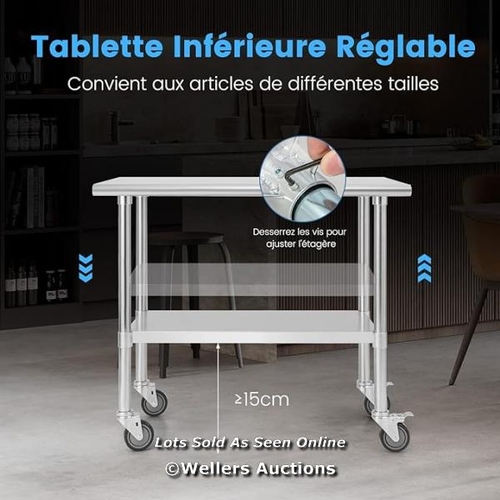 9036 - KITCHEN WORK TABLE 61 X 92 CM, 2-TIER STAINLESS STEEL 2 LOCKABLE WHEELS, ADJUSTABLE BOTTOM SHELF, LO... 