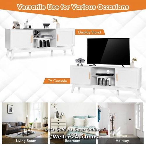 9053 - TV STAND ENTERTAINMENT MEDIA CONSOLE WITH 2 RATTAN CABINETS AND OPEN SHELVES-WHITE