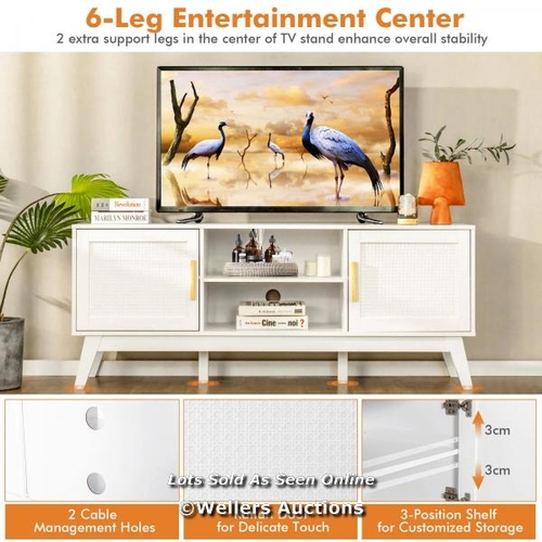 9053 - TV STAND ENTERTAINMENT MEDIA CONSOLE WITH 2 RATTAN CABINETS AND OPEN SHELVES-WHITE