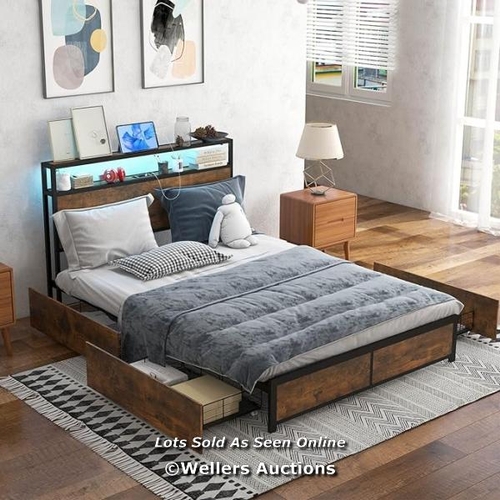 9076 - METAL BED FRAME WITH RGB LED LIGHTS, CHARGING STATION, STORAGE HEADBOARD AND 4 UNDERBED DRAWERS