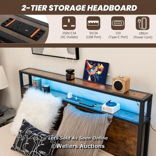 9076 - METAL BED FRAME WITH RGB LED LIGHTS, CHARGING STATION, STORAGE HEADBOARD AND 4 UNDERBED DRAWERS