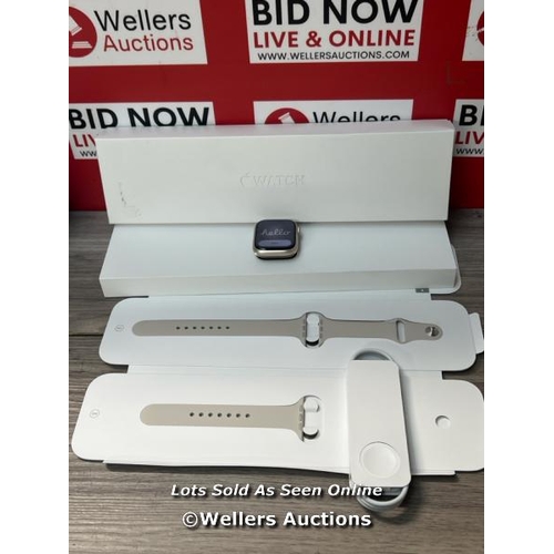 9329 - APPLE WATCH 8 45 GPS STARLIGHT ALUMINUM MNK73B/A / POWERS UP / ICLOUD UNLOCKED / APPEARS NEW OPEN BO... 