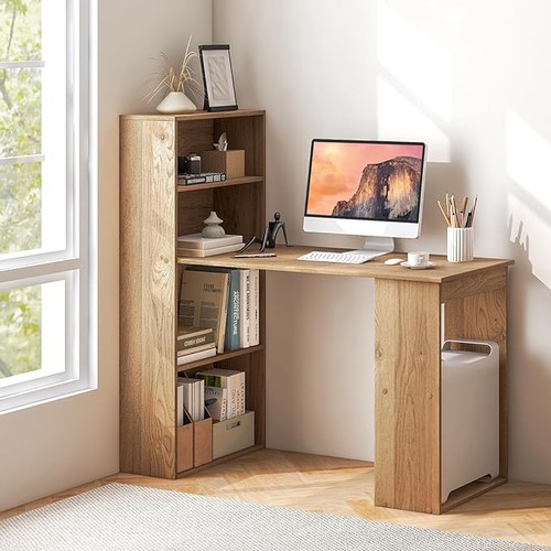 9009 - COMPUTER DESK, WOODEN PC LAPTOP TABLE WRITING WORKSTATION WITH 6-TIER STORAGE BOOKSHELVES, MODERN HO... 