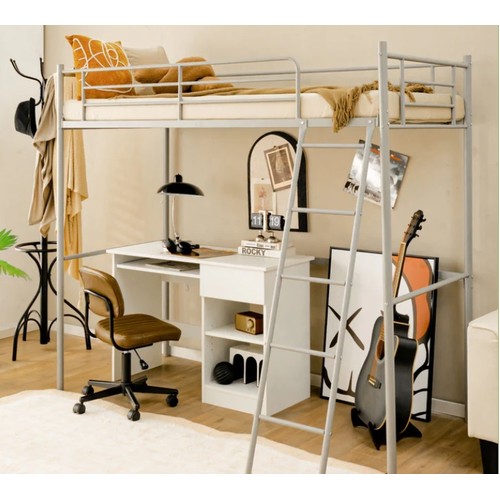 9029 - METAL LOFT BED WITH INTEGRATED LADDER AND FULL-LENGTH GUARDRAILS-SILVER