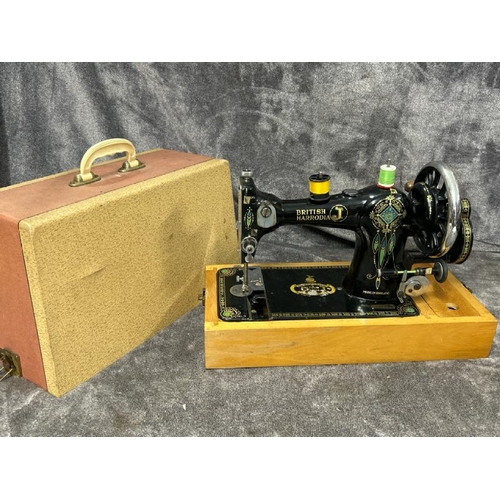 36 - A BRITISH HARRODIA SEWING MACHINE NO. 501869, WITH ACCESSORIES AND HAND WRITTEN INSTRUCTIONS / T10