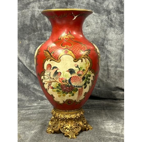 40 - HAND PAINTED PLASTER RED VASE DECORATED WITH BIRDS BY JOHN RICHARD, DAMAGED RIM, 42CM HIGH / T12