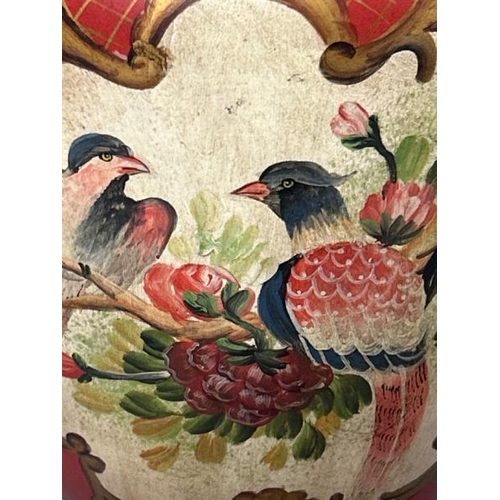 40 - HAND PAINTED PLASTER RED VASE DECORATED WITH BIRDS BY JOHN RICHARD, DAMAGED RIM, 42CM HIGH / T12