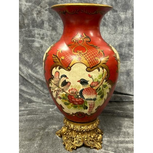 40 - HAND PAINTED PLASTER RED VASE DECORATED WITH BIRDS BY JOHN RICHARD, DAMAGED RIM, 42CM HIGH / T12