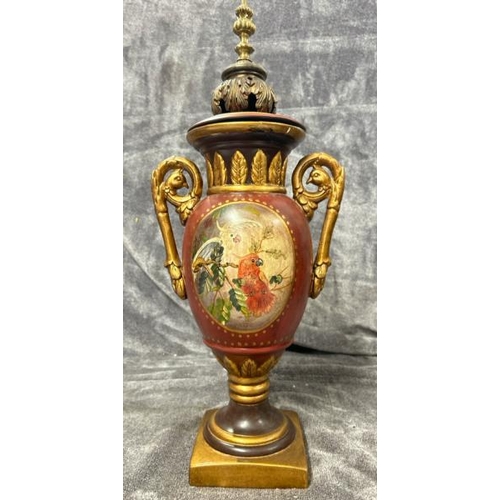 41 - HAND PAINTED PLASTER RED URN, CRACKED RIM WITH BRASS TOPPED LID BY JOHN RICHARD , 59CM HIGH / T12