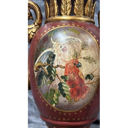 41 - HAND PAINTED PLASTER RED URN, CRACKED RIM WITH BRASS TOPPED LID BY JOHN RICHARD , 59CM HIGH / T12