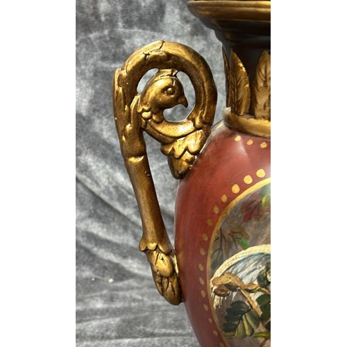 41 - HAND PAINTED PLASTER RED URN, CRACKED RIM WITH BRASS TOPPED LID BY JOHN RICHARD , 59CM HIGH / T12