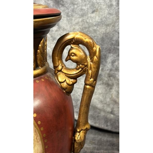 41 - HAND PAINTED PLASTER RED URN, CRACKED RIM WITH BRASS TOPPED LID BY JOHN RICHARD , 59CM HIGH / T12