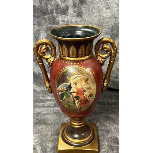 41 - HAND PAINTED PLASTER RED URN, CRACKED RIM WITH BRASS TOPPED LID BY JOHN RICHARD , 59CM HIGH / T12