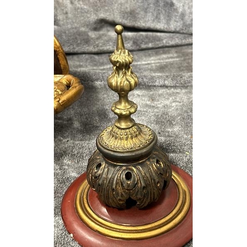 41 - HAND PAINTED PLASTER RED URN, CRACKED RIM WITH BRASS TOPPED LID BY JOHN RICHARD , 59CM HIGH / T12