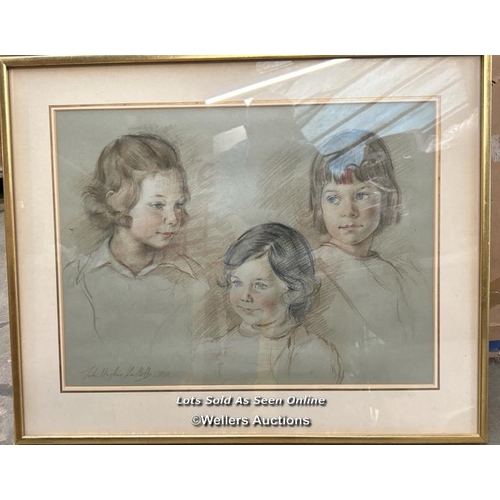 2 - A framed and glazed pastel drawing of three children, indistinctly signed, 78 x 63.5cm including fra... 