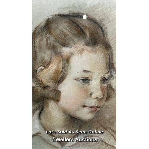 2 - A framed and glazed pastel drawing of three children, indistinctly signed, 78 x 63.5cm including fra... 