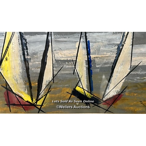 8 - Acrylic on paper, abstract boats, signed indistinctly, 35 x 13cm excluding frame  / AN57