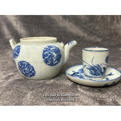 15 - A small Chinese blue & white tea pot (as found) blue & white with a cup and saucer / AN2