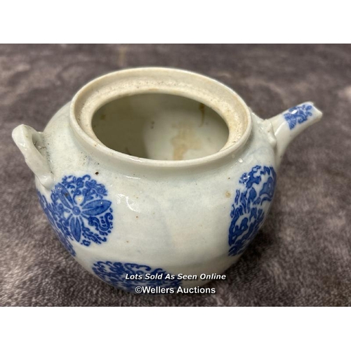 15 - A small Chinese blue & white tea pot (as found) blue & white with a cup and saucer / AN2