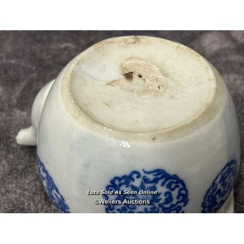 15 - A small Chinese blue & white tea pot (as found) blue & white with a cup and saucer / AN2