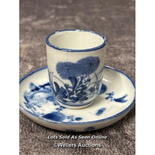 15 - A small Chinese blue & white tea pot (as found) blue & white with a cup and saucer / AN2