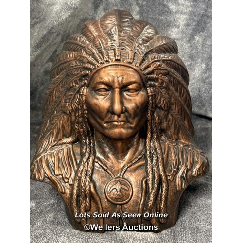 17 - A plaster bronze effect bust of a native american, 29cm high / AN2