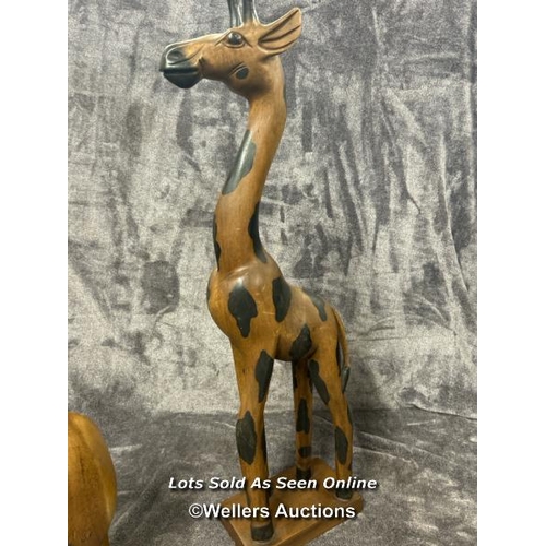 44 - Carved wooden Giraffe, 78cm high with a carved wooden Elephant 33cm high / AN6