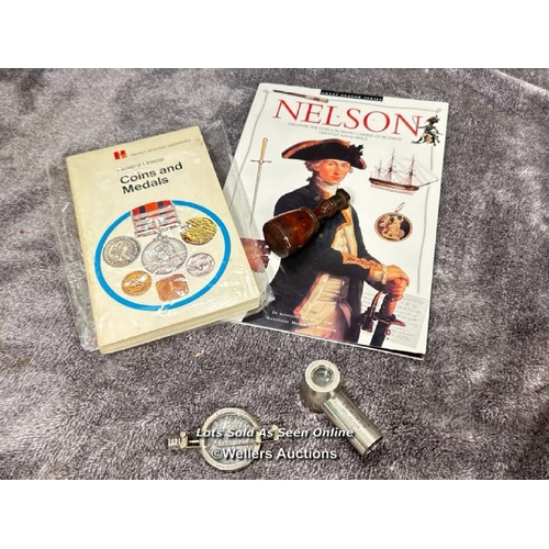 47 - Part of a vintage Luminex scope, Planiscope, book about Nelson, book about coins and medals and old ... 