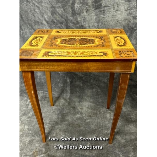 22 - A modern marquetry music box table, music not working, 34 x 50 x 33cm (LOT SUBJECT TO VAT) / AN1