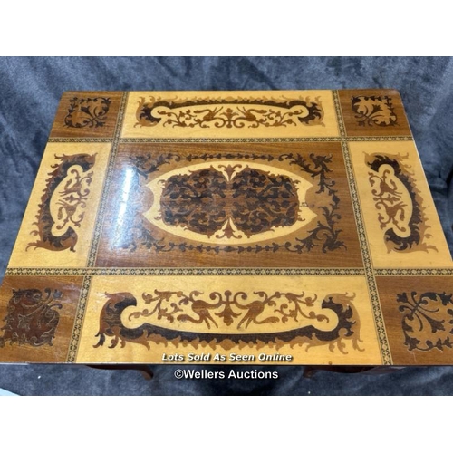 22 - A modern marquetry music box table, music not working, 34 x 50 x 33cm (LOT SUBJECT TO VAT) / AN1