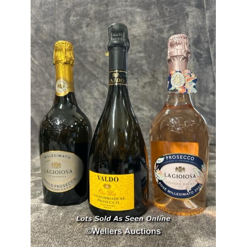 60 - Three assorted bottles of Prosecco including Valdo and La Gioiosa / AN8