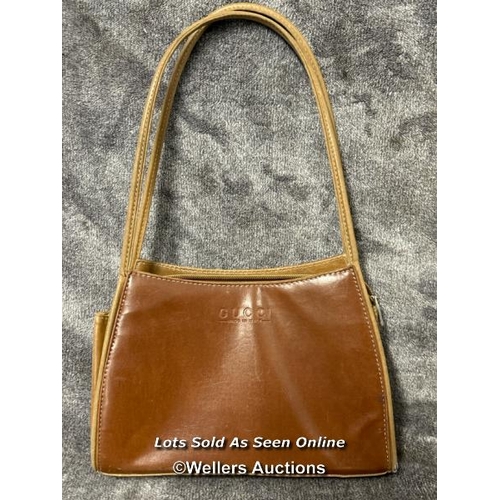 65 - Gucci handbag, in tan leather, base 23cm long, some signs of wear / AN9