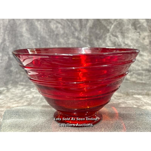 72 - A glass ruby red fruit bowl with applied ribbon pattern, unsigned, 25.5cm diameter, 15cm high / AN11