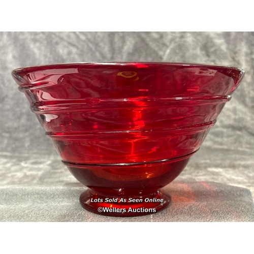 72 - A glass ruby red fruit bowl with applied ribbon pattern, unsigned, 25.5cm diameter, 15cm high / AN11