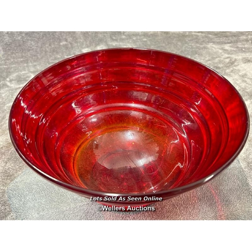 72 - A glass ruby red fruit bowl with applied ribbon pattern, unsigned, 25.5cm diameter, 15cm high / AN11