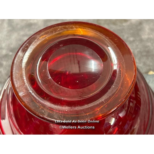 72 - A glass ruby red fruit bowl with applied ribbon pattern, unsigned, 25.5cm diameter, 15cm high / AN11