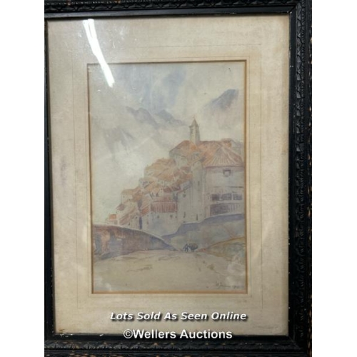 87 - A watercolour landscape of a continental town with mountains, indistinctly signed and dated 1923, 17... 