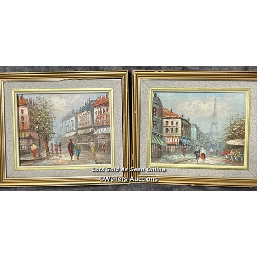 88 - Caroline Burnett, two small oil painting depicting Paris street scenes, 34 x 29cm including frames /... 