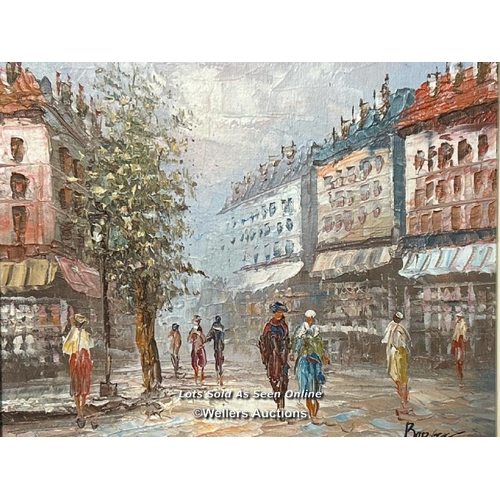 88 - Caroline Burnett, two small oil painting depicting Paris street scenes, 34 x 29cm including frames /... 