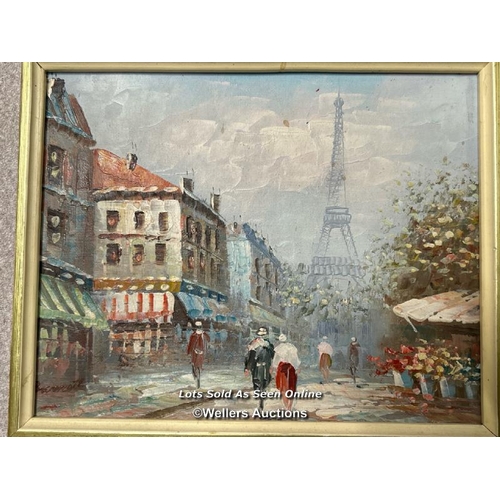 88 - Caroline Burnett, two small oil painting depicting Paris street scenes, 34 x 29cm including frames /... 