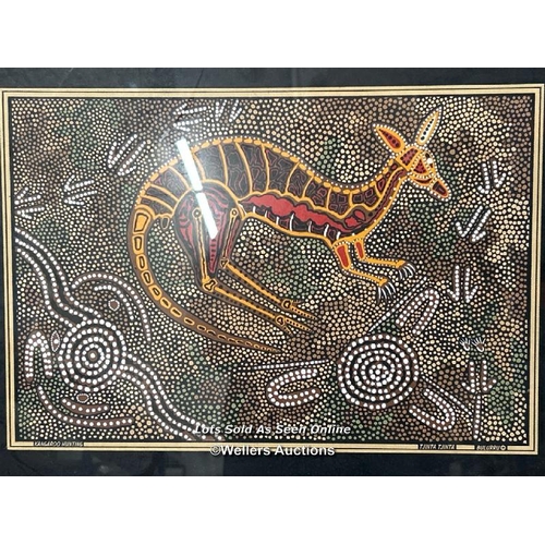 92 - A framed Bulurru Kangaroo hunting Print on fabric by Tjinta Tjinta (Daniel Goodwin) with another unf... 