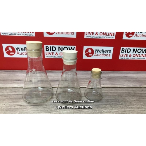 2073 - YIZEREL GLASS ERLENMEYER FLASK SET, (250 ML, 150 ML & 50 ML) GRADUATED BOROSILICATE GLASS ERLENMEYER... 